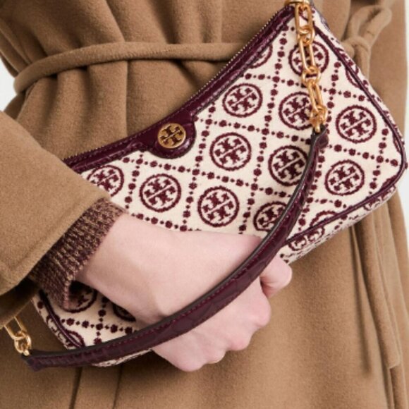 NWT! NEW! Tory Burch T MONOGRAM CHENILLE STUDIO BAG -Claret - Picture 3 of 13